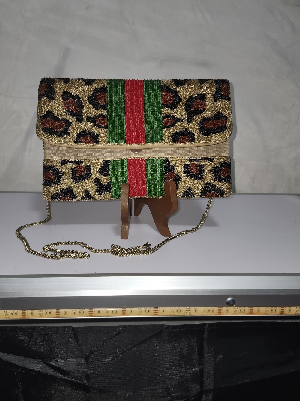 Leopard Beaded Clutch with Green & Red Stripe